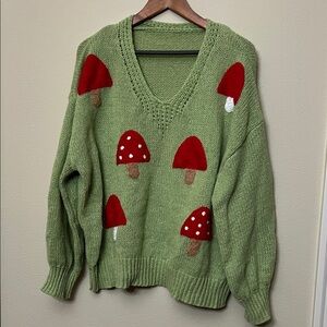 SHEIN Green V-Neck Sweater with Red Mushroom Design